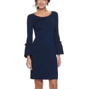 Nina Leonard Navy Blue Knit Dress Long Bell Sleeves‎ Sheath Large